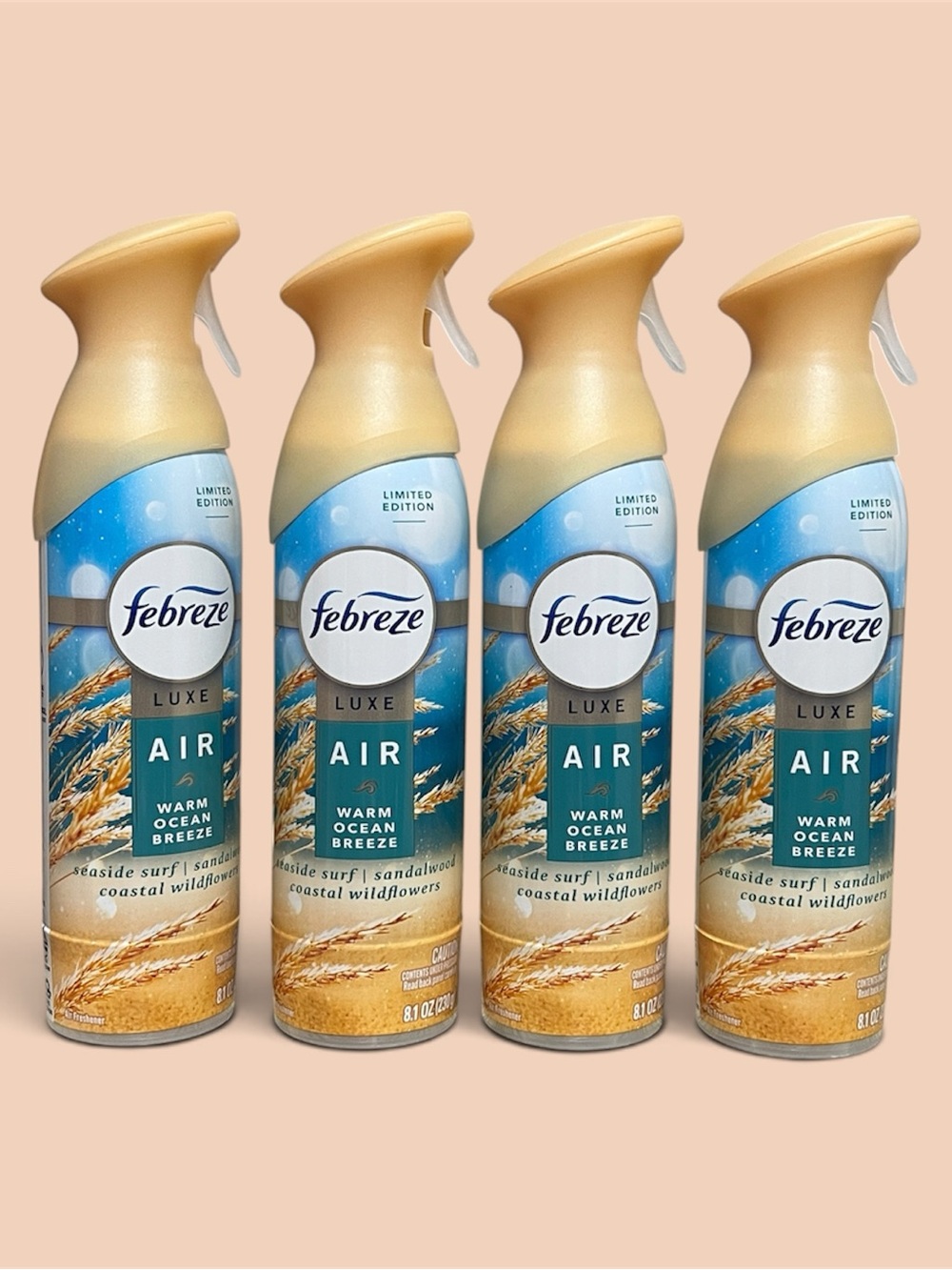 Limited edition Febreze Luxe Warm Ocean Breeze seaside Spray - Gold, Blue x4